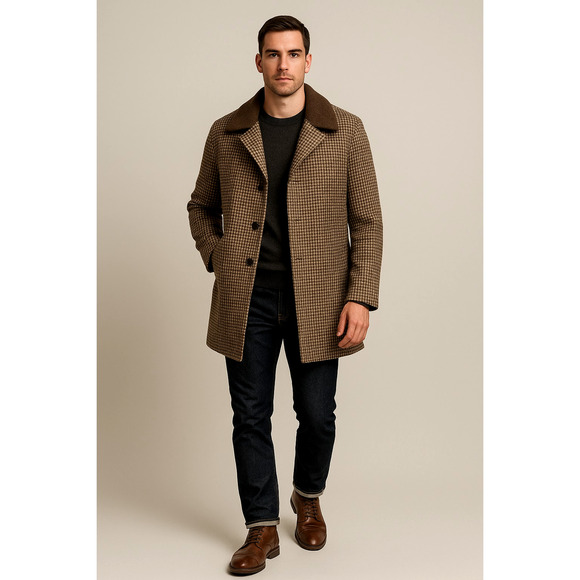 SOLD!  Vintage L Wool $450 Herringbone Shearling Coat Long Jacket Brown 44 - Picture 14 of 15